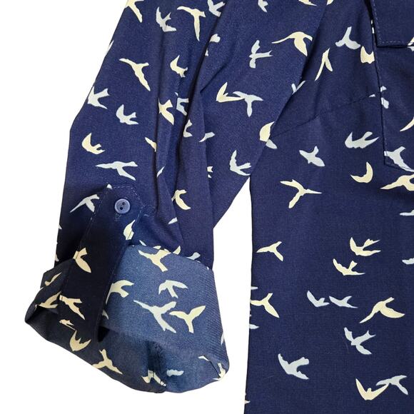 Notations -Women's Petite Button-up Roll Tab Sleeves Bird Print Blouse Size PL - Picture 5 of 8